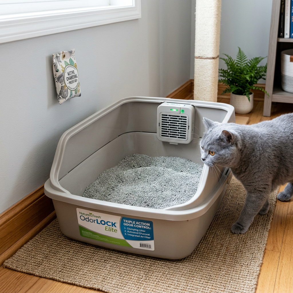 Gray cat near an odor control litter box with clumping litter and air filter